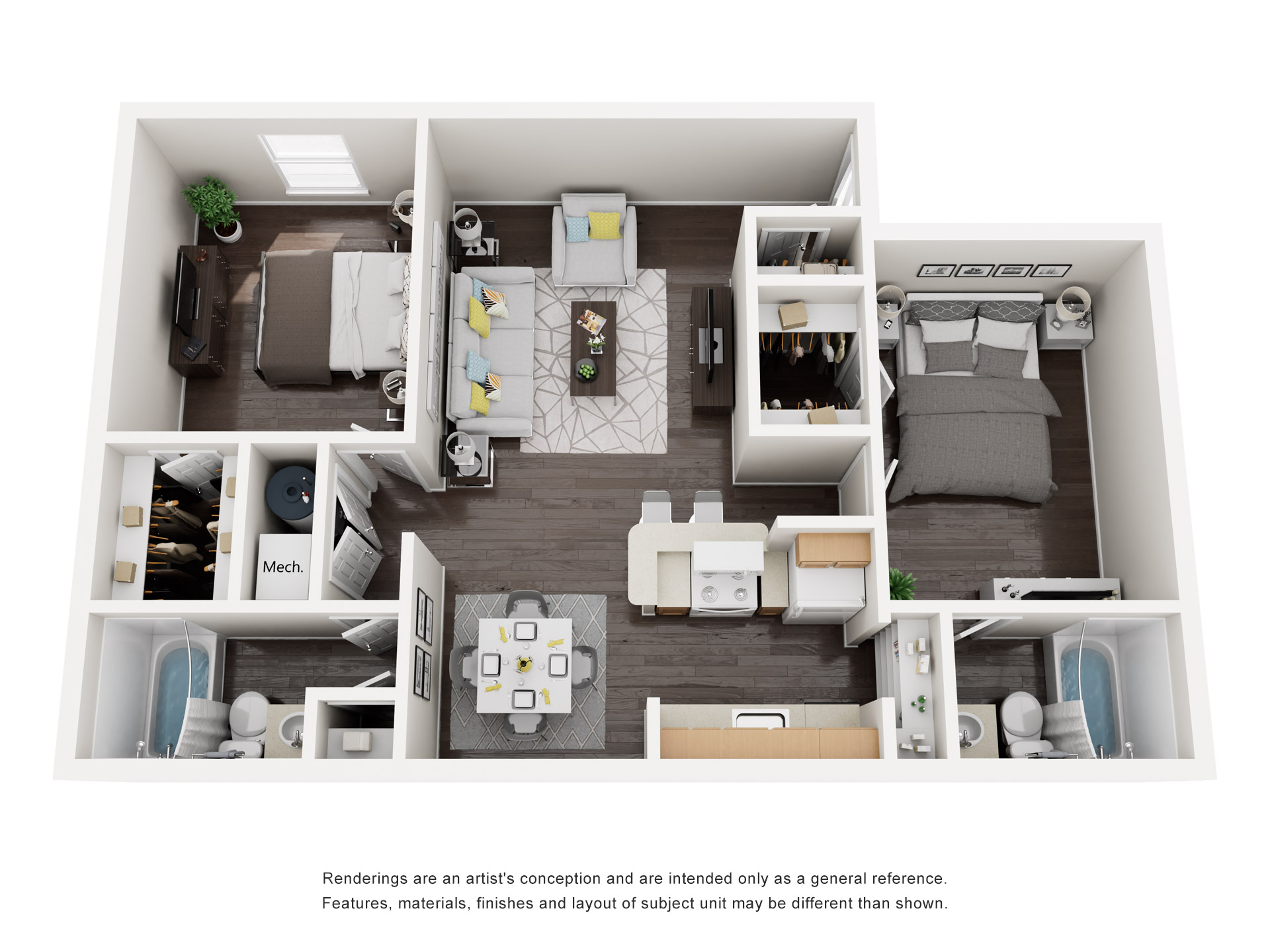 Floor plan for 2 beds, 2 baths, 848 sqft
